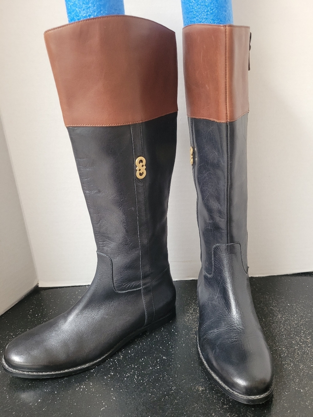 Cole Haan Tall Two-Tone Leather Riding Boots with Gold Detail